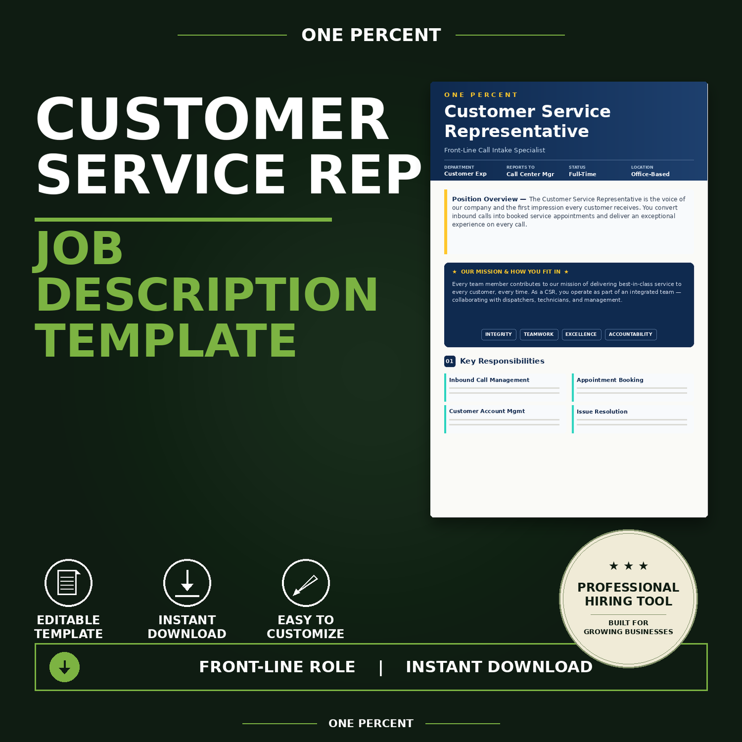 Customer Service Representative Job Description | Modern Editable Template | Instant Download for Trades & Service Businesses