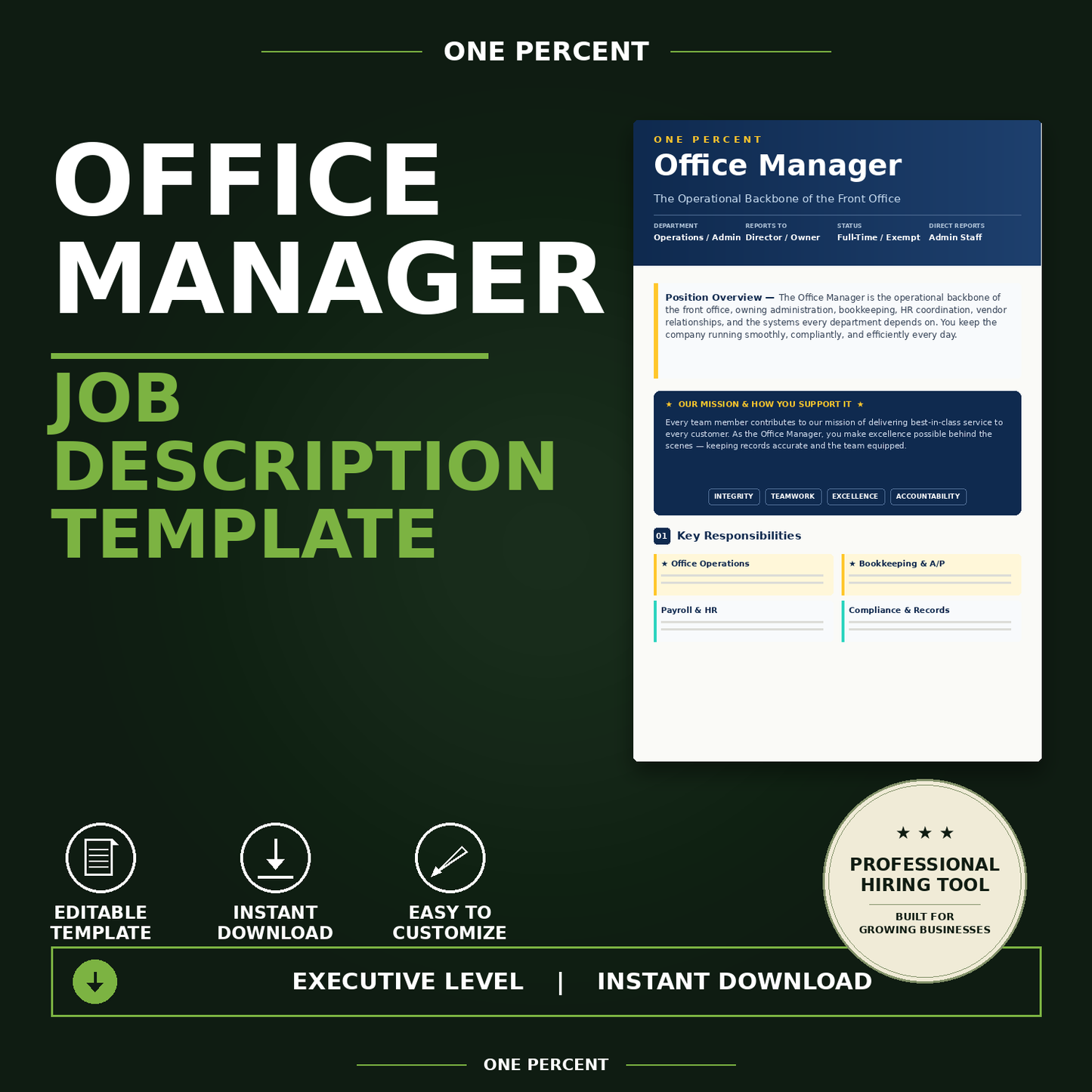 Office Manager Job Description | Modern Editable Template | Instant Download for Trades & Service Businesses