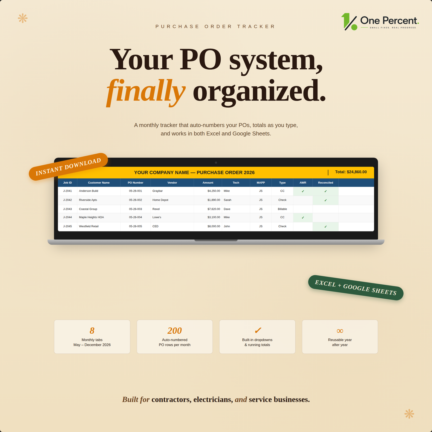 Purchase Order Tracker Spreadsheet — Monthly Tabs, Auto-Numbering, Running Totals Digital Download